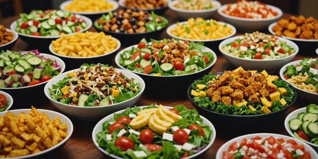 Assorted Zaxby's salads displayed on a wooden table.