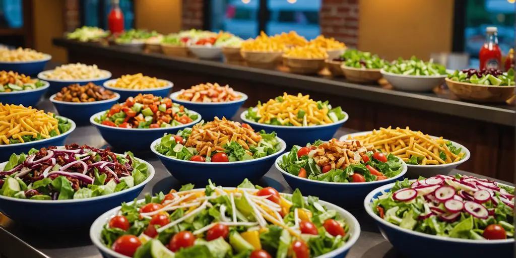 Assorted Zaxby's salads in colorful bowls on a table.