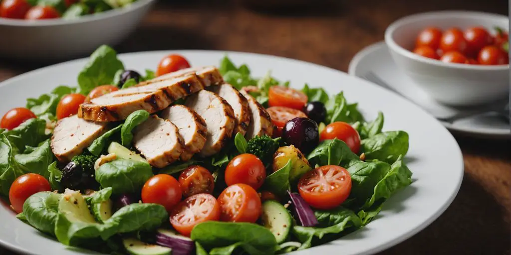 Grilled chicken salad with fresh vegetables in a bowl.